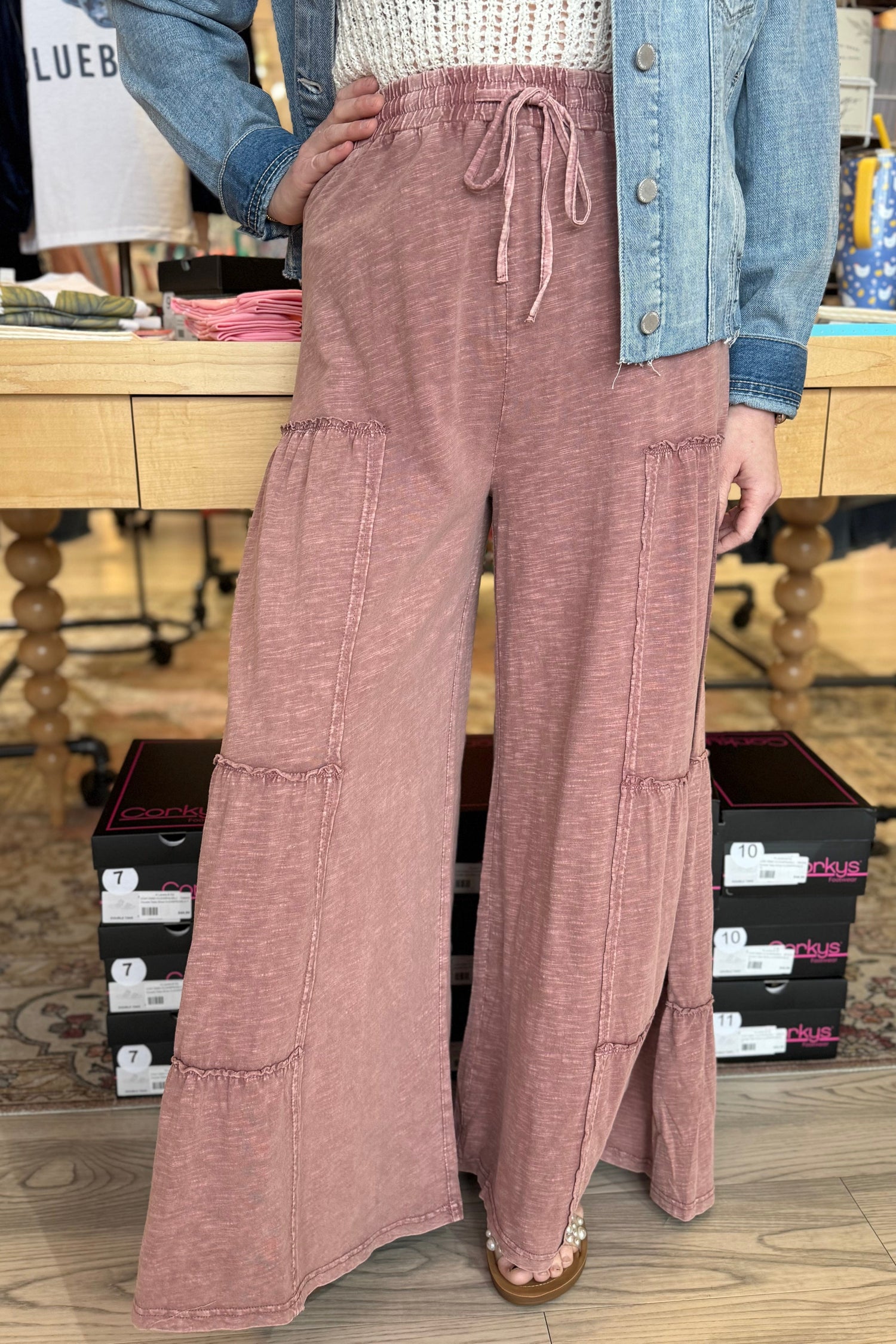 Mineral Washed Tiered Flowy Pants BOTTOMS EASEL MAUVE S 