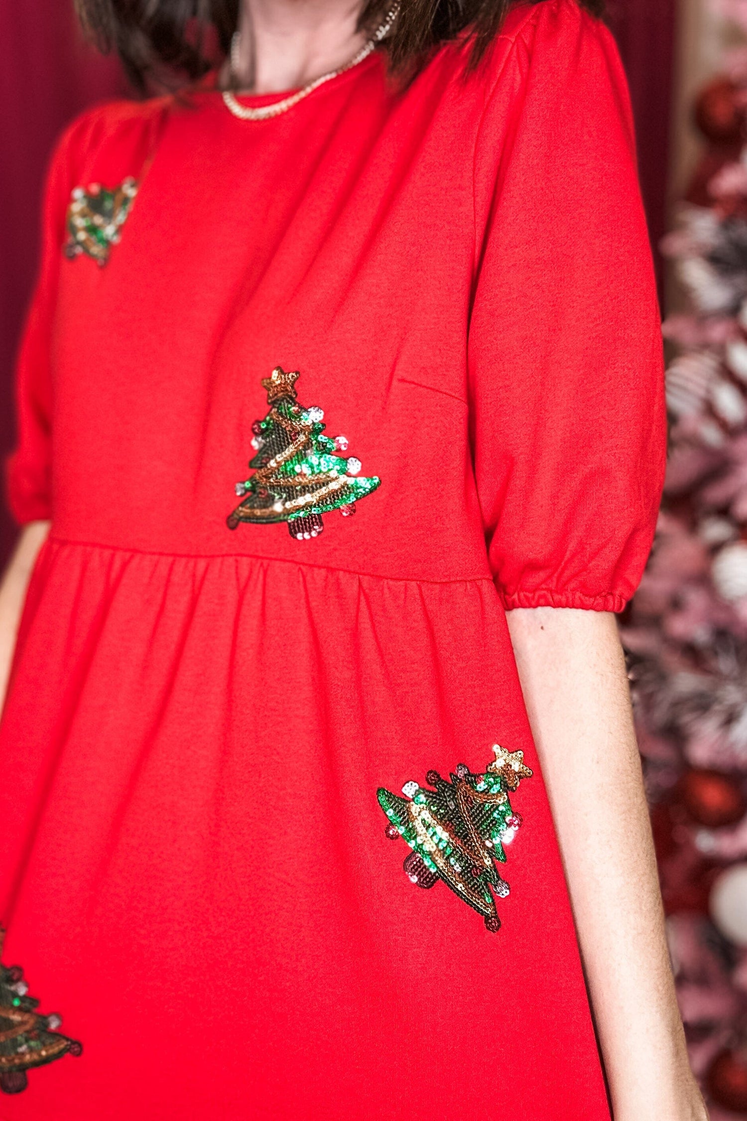 Short Sleeve Round Neck Dress w/Sequin Christmas Trees DRESS UMGEE 