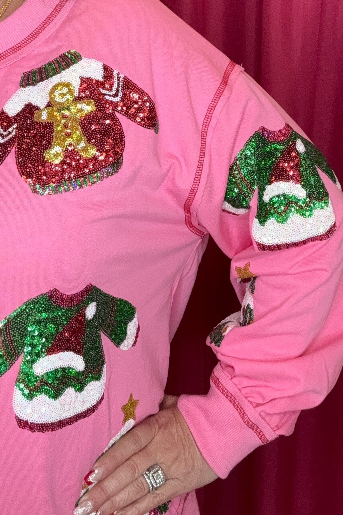 Long Sleeve Sweatshirt w/Christmas Sequins JRTOP CASUAL TOP FANTASTIC FAWN 