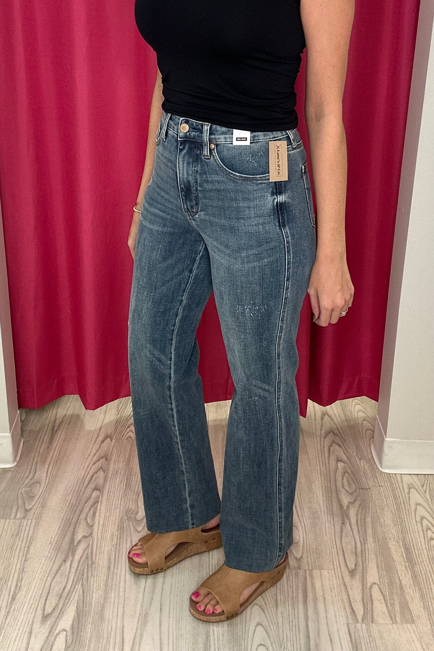 High Waist Tummy Control Straight Fit Raw Hem JEANS JUDY BLUE 