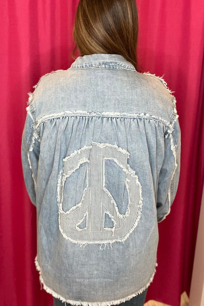 Frey Hem Denim Button Down with Peace Sign Detail OUTFIT COMPLETER POL 