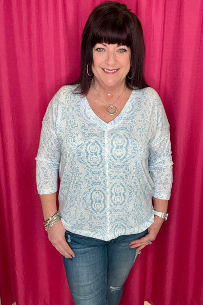 Combo Print Reversible 3/4 Sleeve V-Neck Long Sleeve Top MISSY TOP SPECIAL TRIBAL SAILBOAT XS 