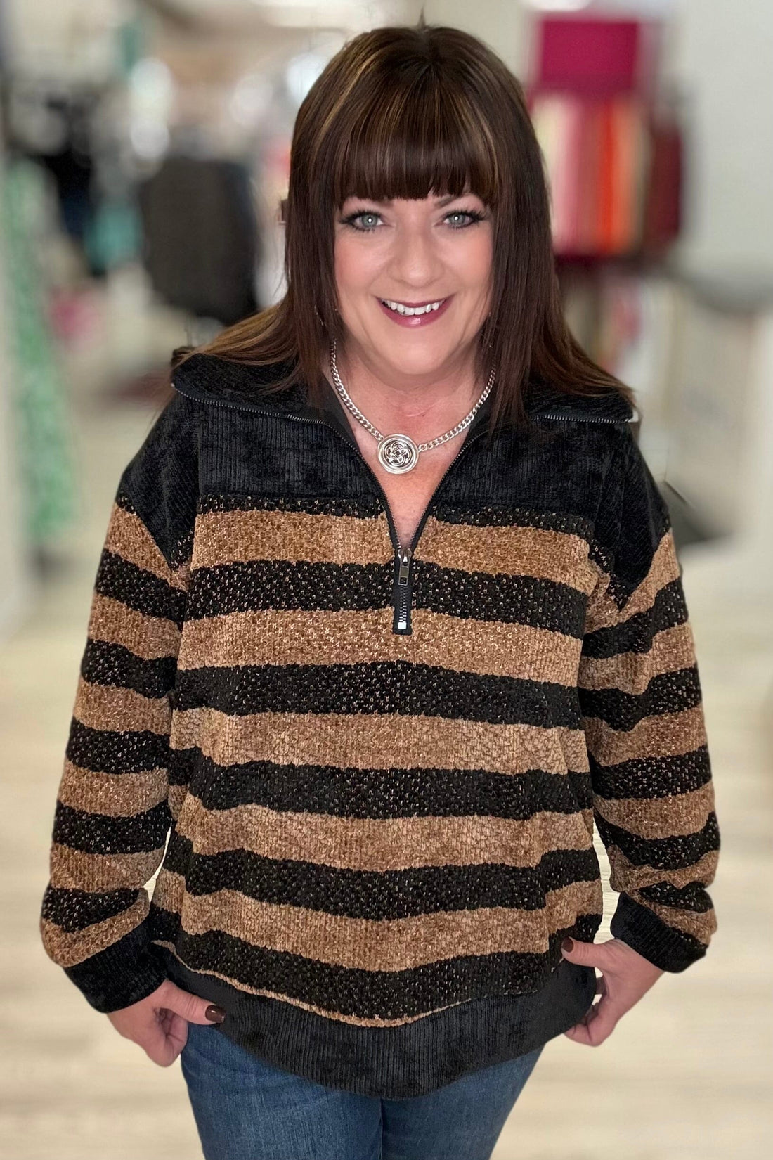 Striped Shimmer Half Zip JRTOP CASUAL TOP UMGEE 