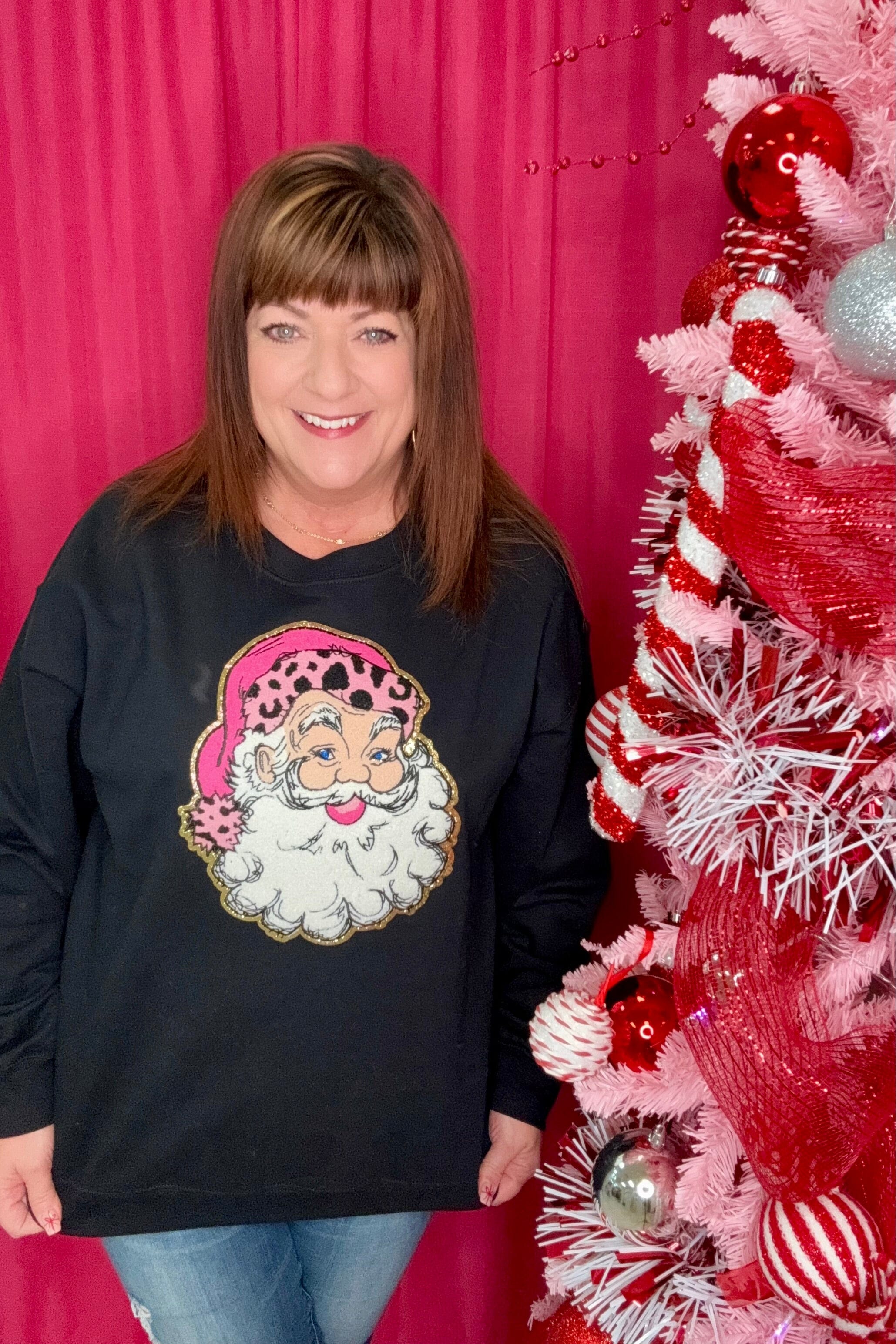 Sweatshirt w/Pink Chenille Santa Patch MISSY BASIC KNIT REBEL ROSE 