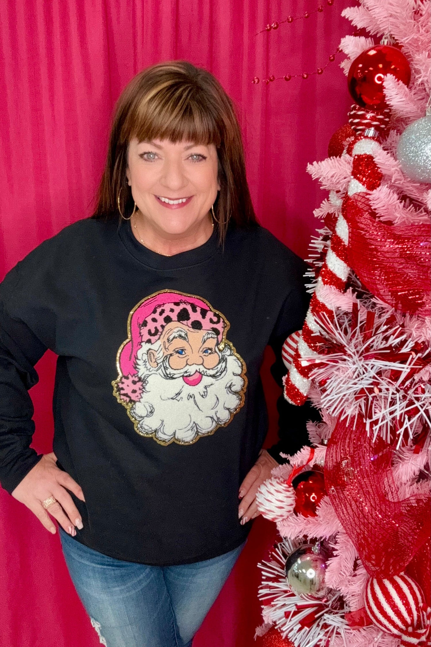 Sweatshirt w/Pink Chenille Santa Patch MISSY BASIC KNIT REBEL ROSE 