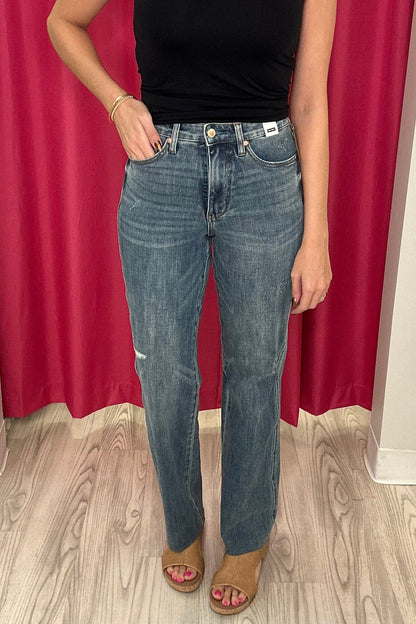 High Waist Tummy Control Straight Fit Raw Hem JEANS JUDY BLUE 