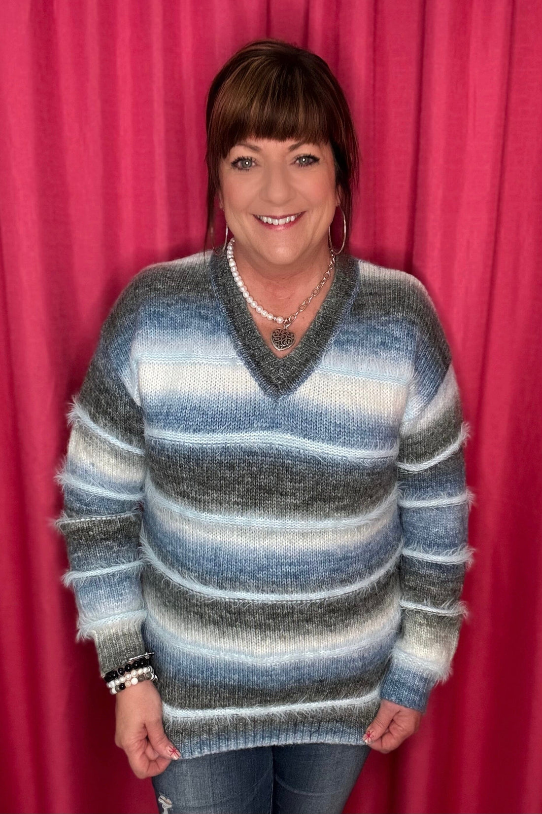 V-Neck Fuzzy Striped Sweater SWEATER Charlie B 