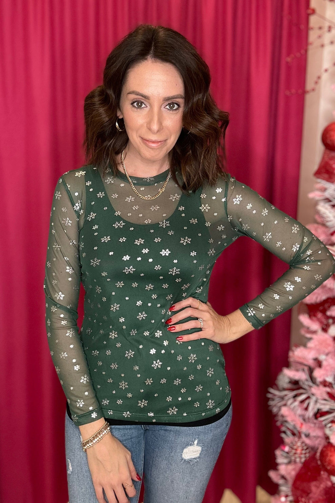 Sparkle Foil Snowflake Mesh Top MISSY BASIC KNIT MERIGOLD KISS GRN S 