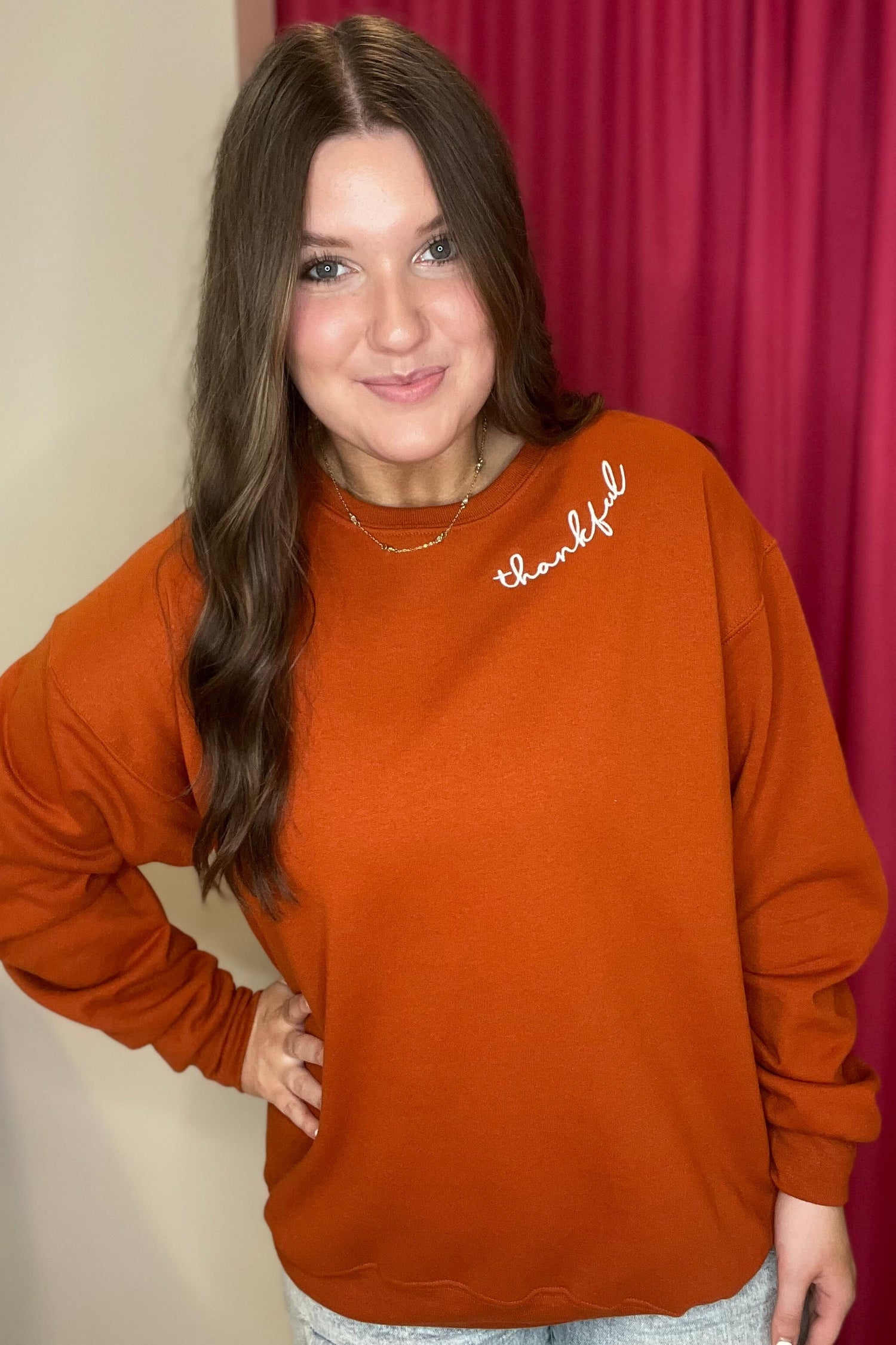 Thankful Embroidered Crew Neck Sweatshirt MISSY BASIC KNIT K Lane&