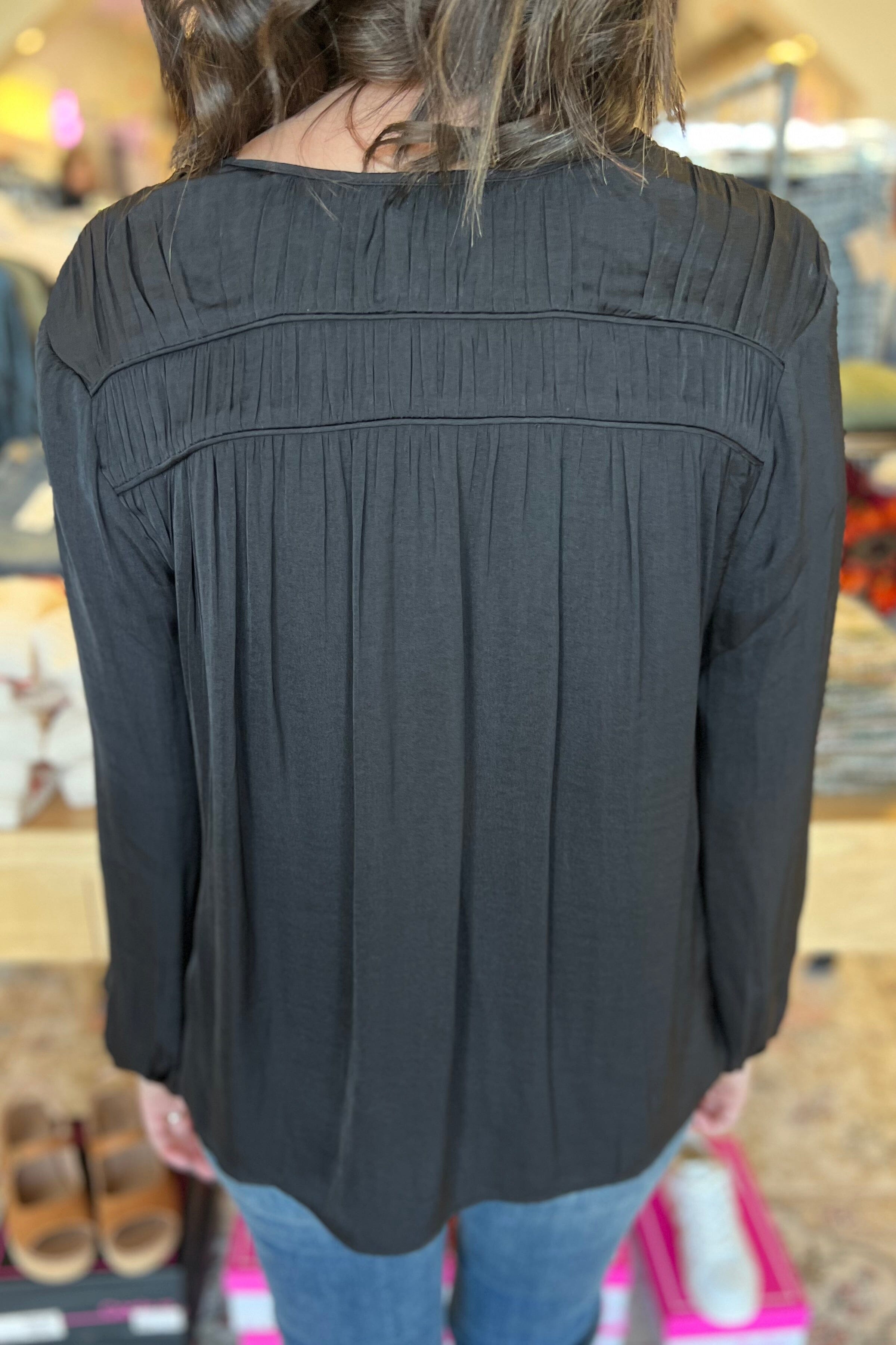 Long Sleeve V-Neck Woven Blouse with Shirring MISSY TOP SPECIAL LIVERPOOL 