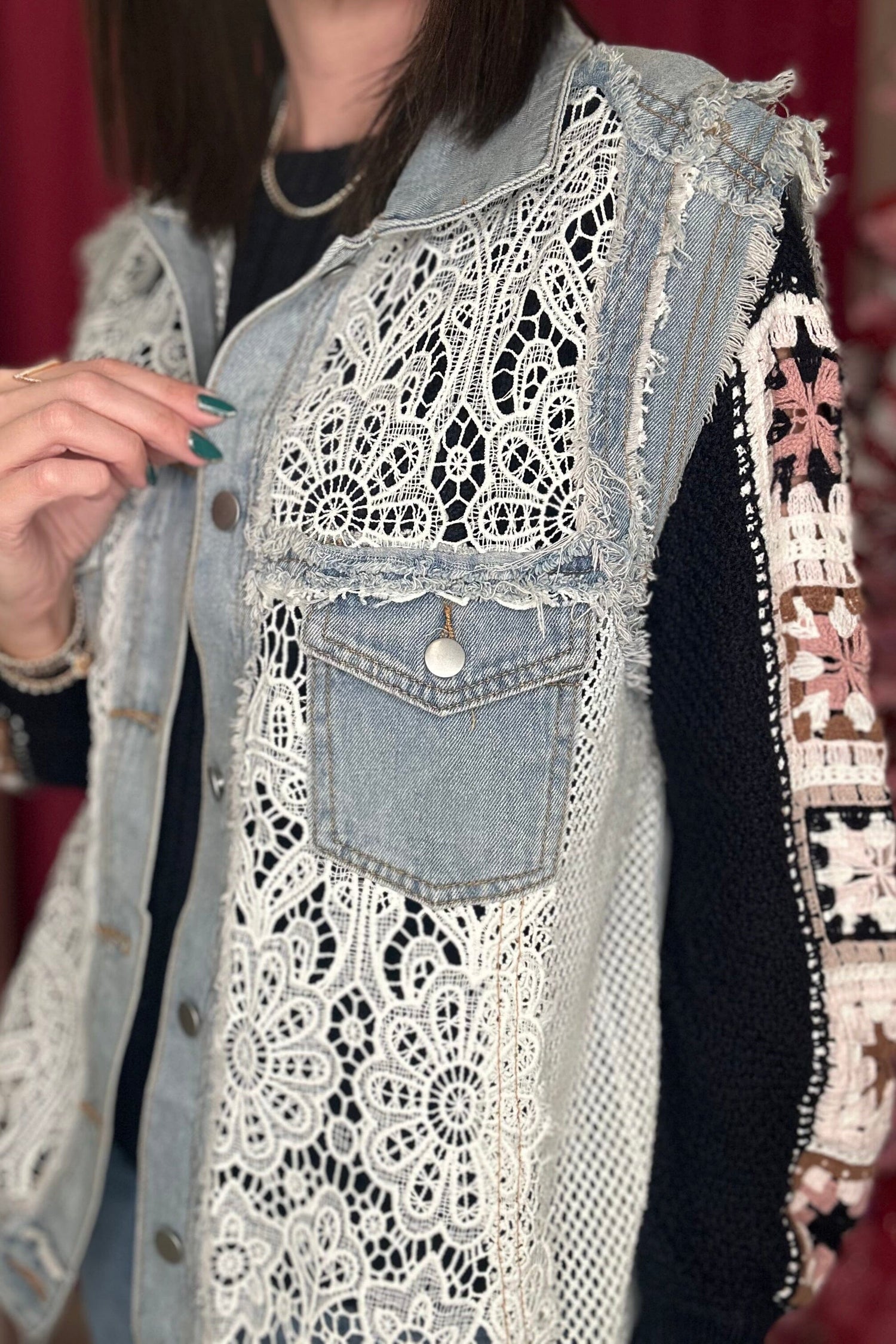 Oversized Crochet Lace Denim Vest OUTFIT COMPLETER POL 