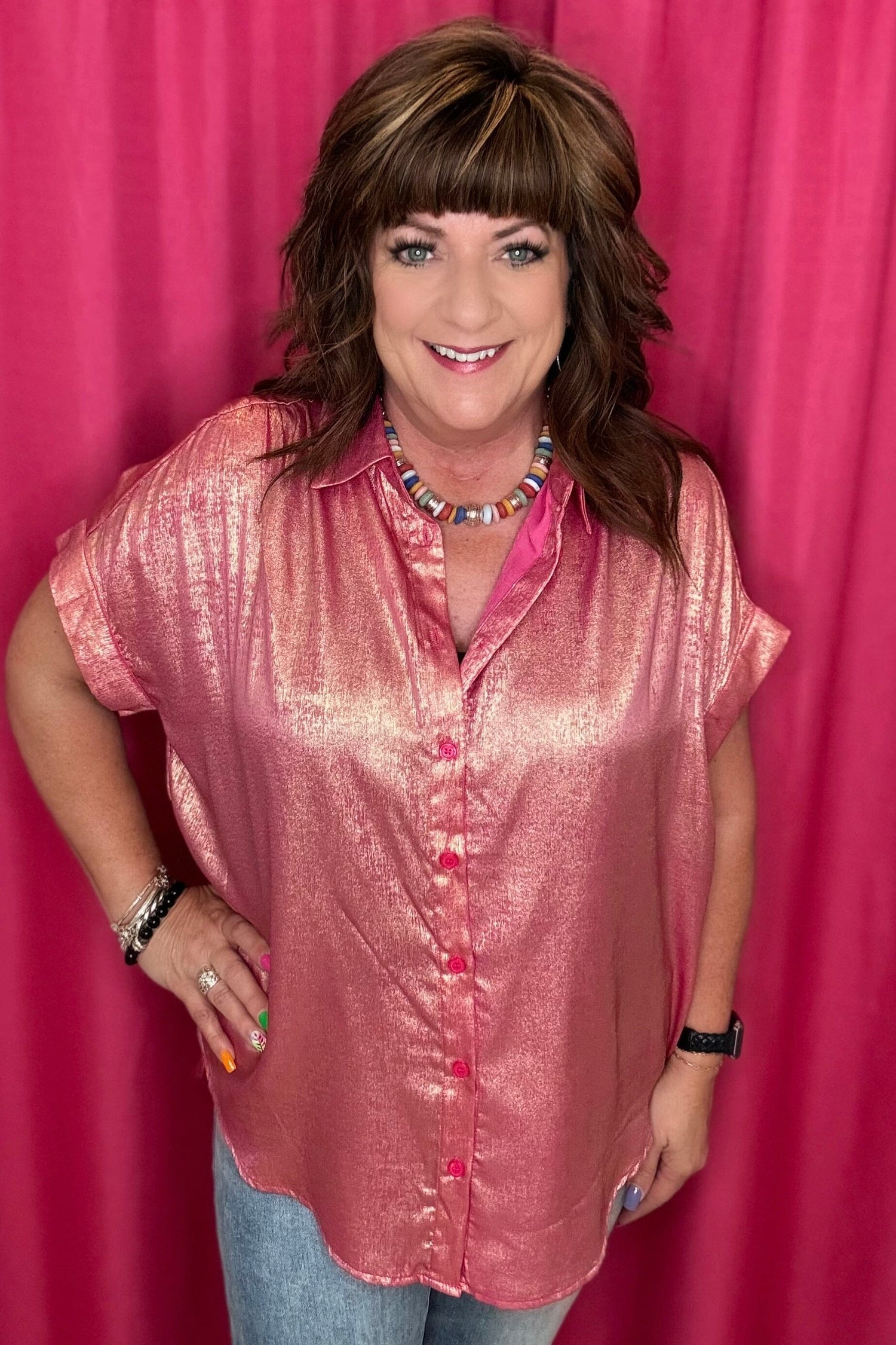 Metallic Button Up Top JR TOP DRESSY JODIFL FUSHIA S 