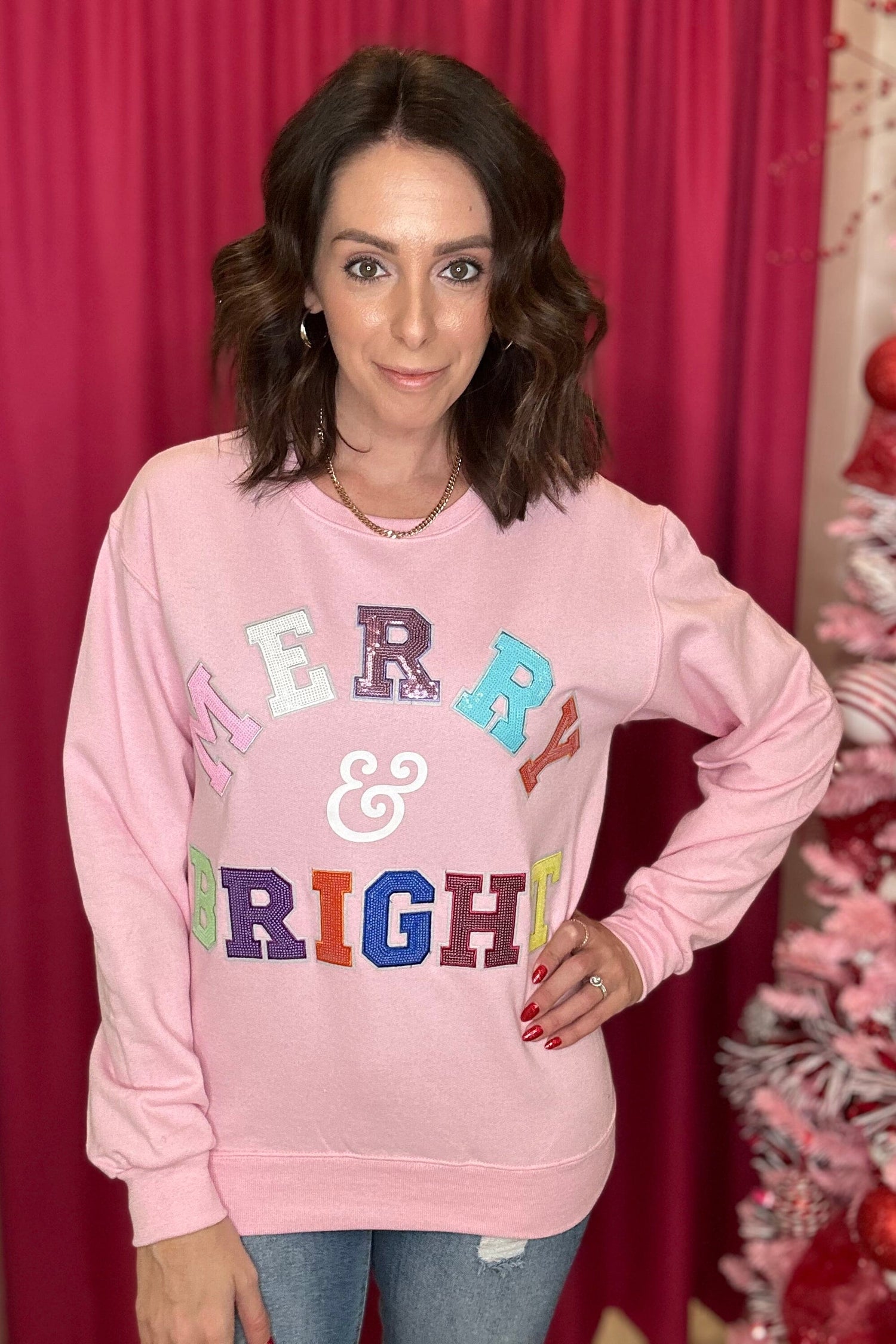 Merry &amp; Bright Sequin Sweatshirt MISSY BASIC KNIT SUGAR STITCH 