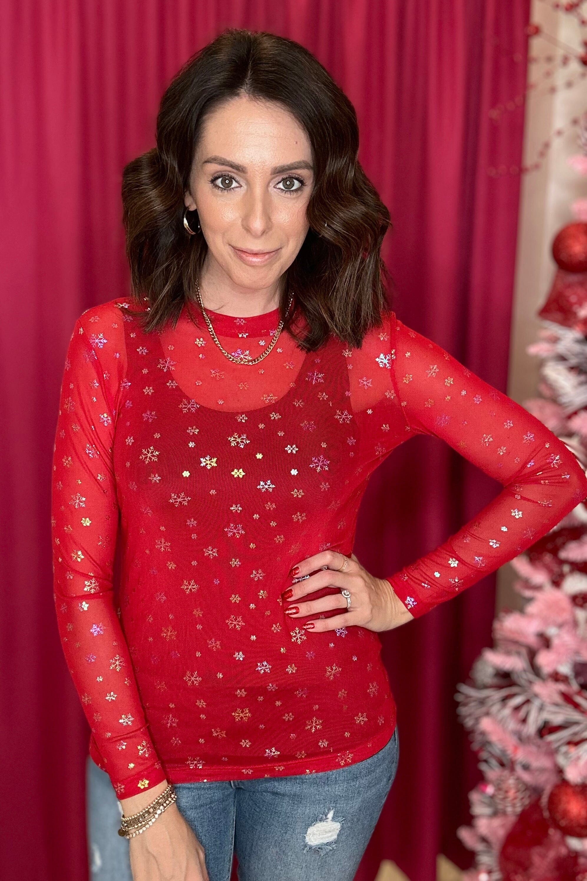 Sparkle Foil Snowflake Mesh Top MISSY BASIC KNIT MERIGOLD KISS RED S 