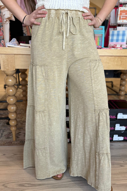 Mineral Washed Tiered Flowy Pants BOTTOMS EASEL OLIVE S 