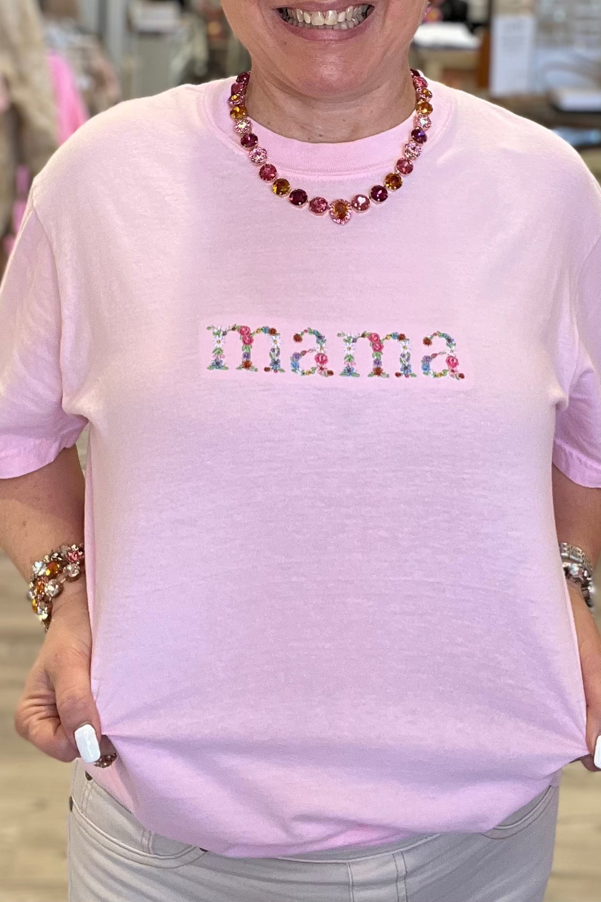 Embroidered Flowers Mama T-Shirt MISSY BASIC KNIT K Lane&