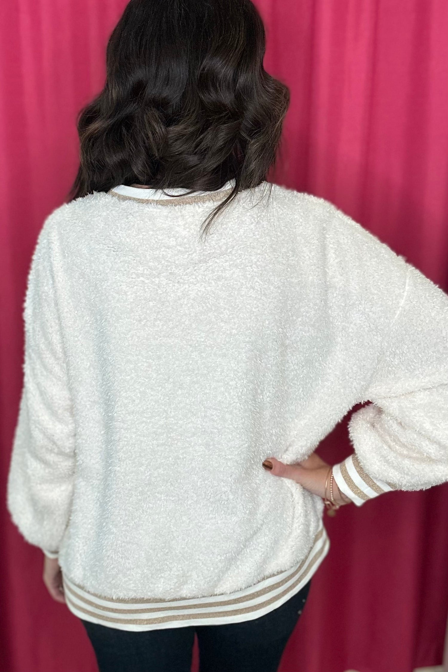 Ivory Thankful Sequin Oversized Fur Sweatshirt JRTOP CASUAL TOP K LANE&